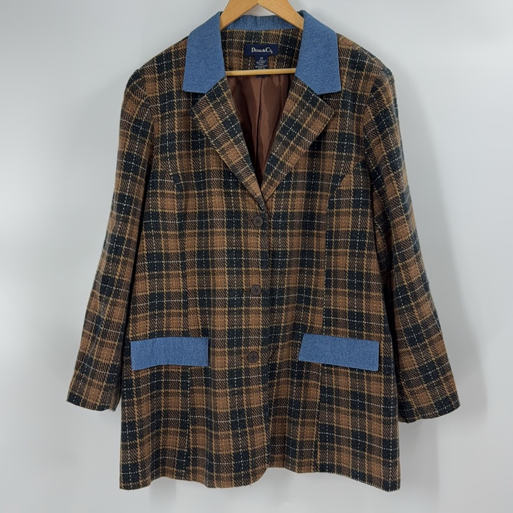 Denim and Company wool blend plaid blazer jacket blue jean trim preppy fall